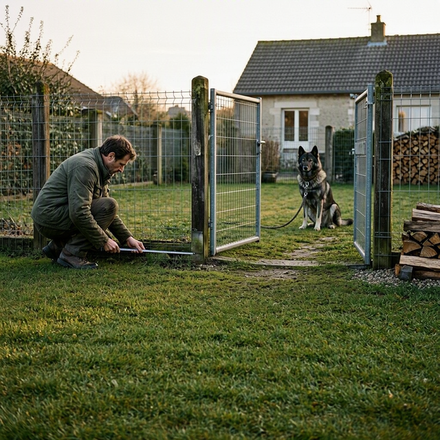 Un adulte mesure un jour sous la clôture du jardin, tandis qu’un chien-loup en longe observe près du portillon