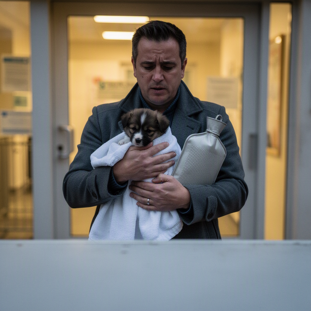 Un adulte tient un chiot nouveau-né dans une serviette, près d’une bouillotte, à l’accueil d’une clinique vétérinaire