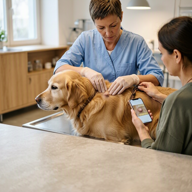 Un vétérinaire ganté examine une boule sur le flanc d’un chien tenu par son propriétaire en salle de consultation
