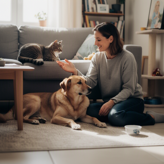 Dans un salon, une femme assise au sol sourit à un chien couché près d’elle et à un chat sur le dossier du canapé