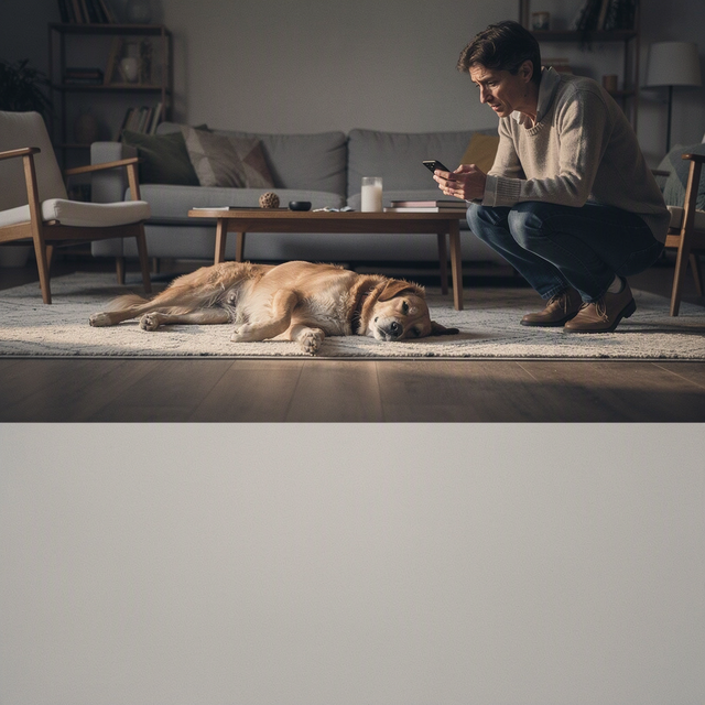 Dans un salon, un chien couché sur le flanc après une crise convulsive, sa propriétaire accroupie tient un smartphone