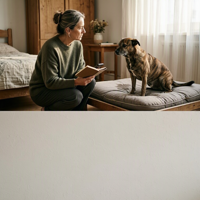 Dans une chambre, une chienne stérilisée se tient près d’un coussin humide après une incontinence, sa propriétaire l’observe