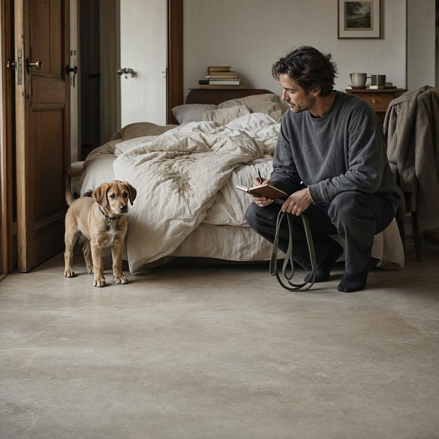 Un chiot se tient près de la porte tandis qu’un adulte accroupi note une trace de pipi sur le lit défait