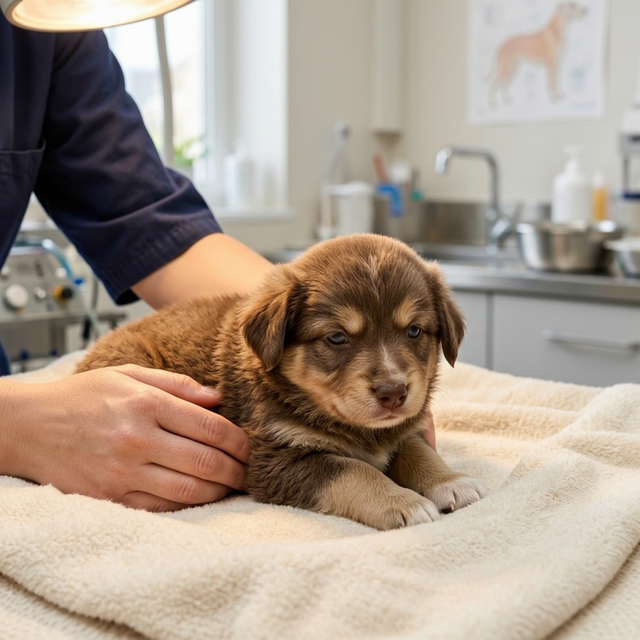 Un chiot brun est allongé sur une couverture claire pendant qu’une personne le tient dans une salle de soins