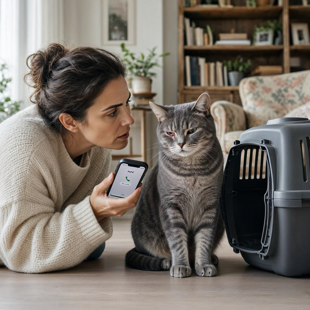 Dans un salon, un chat garde un œil fermé près de sa caisse de transport, une adulte accroupie tenant un téléphone
