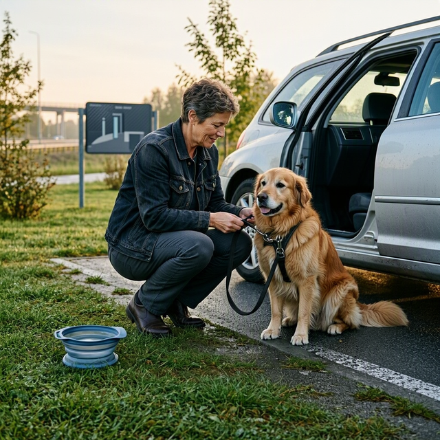 Sur une aire d’autoroute, un adulte accroupi attache la laisse au harnais de son chien près d’une portière entrouverte