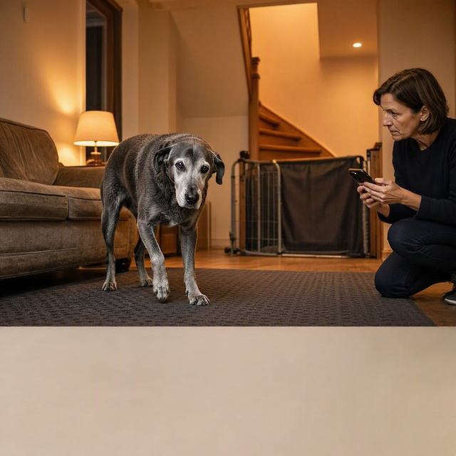 Un chien âgé en perte d’équilibre se tient sur un tapis du salon, filmé par son propriétaire accroupi