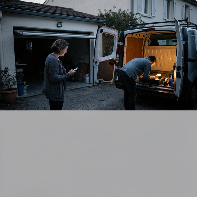 Devant un garage ouvert, une femme montre la photo de son chat à un voisin qui inspecte un utilitaire avec une lampe