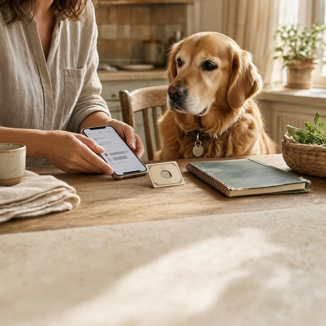 À une table, un adulte compare son smartphone, une carte d’identification et un carnet vétérinaire près de son chien