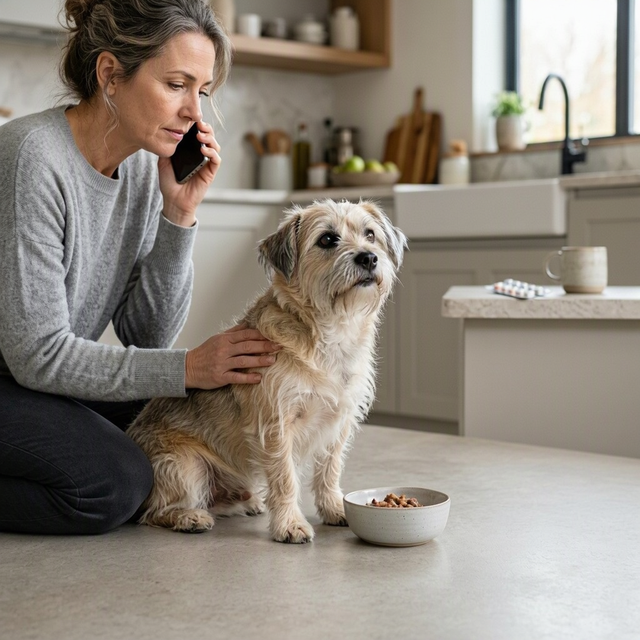 Une femme au téléphone caresse un chien assis près d’une gamelle de pâtée et de comprimés