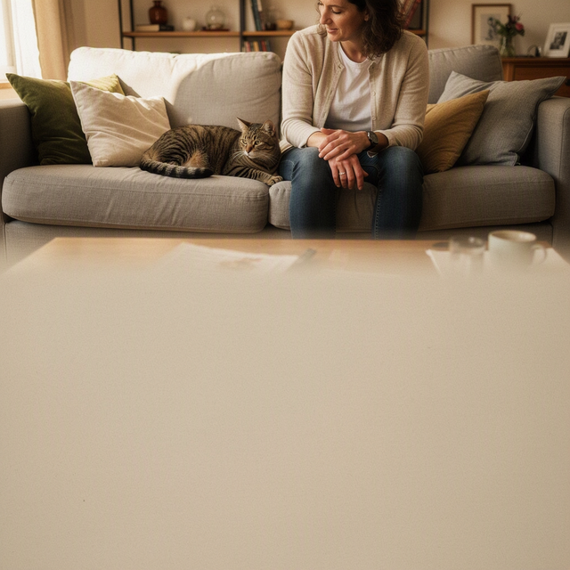 Dans un salon, un chat couché sur le canapé reste près d’une femme, les mains posées sur ses genoux