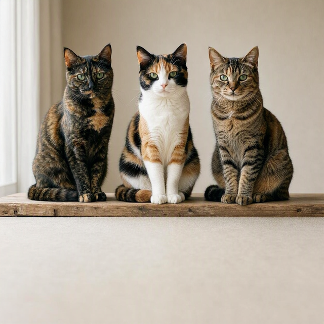 Trois chattes adultes, tortie, calico et torbie, sont assises côte à côte sur un banc bas dans une pièce beige