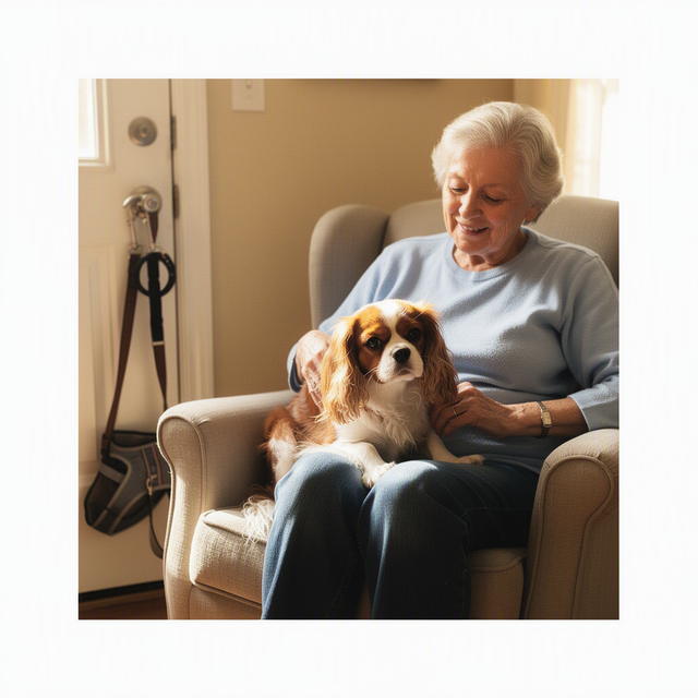 Une senior assise dans un fauteuil caresse un petit chien adulte posé contre ses jambes dans un salon