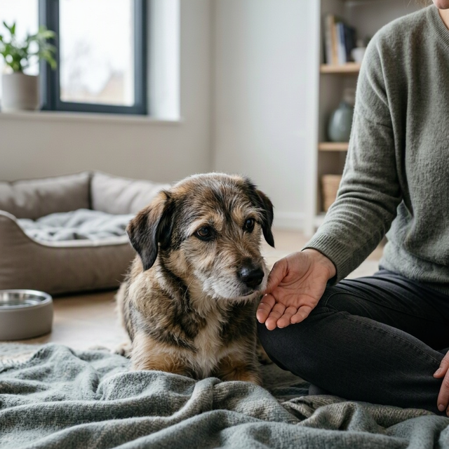 Chien brun assis sur une couverture, à côté d'une personne assise qui tend la main dans un salon