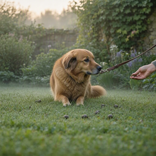 Dans un jardin, un chien en longe regarde une friandise tendue près de crottes de lapin dans l’herbe