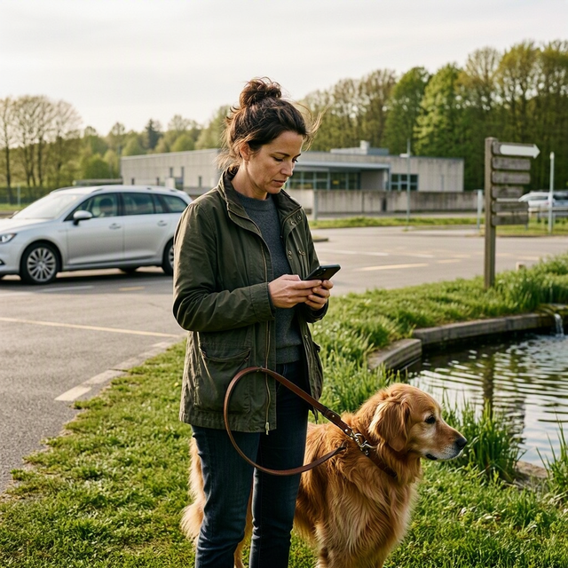Sur une aire d’autoroute en France, une femme consulte son téléphone, son chien en laisse tourné vers l’espace vert