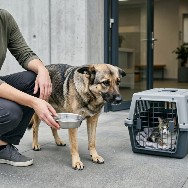 Une personne accroupie tient une gamelle près d’un chien, tandis qu’un chat se trouve dans une caisse de transport