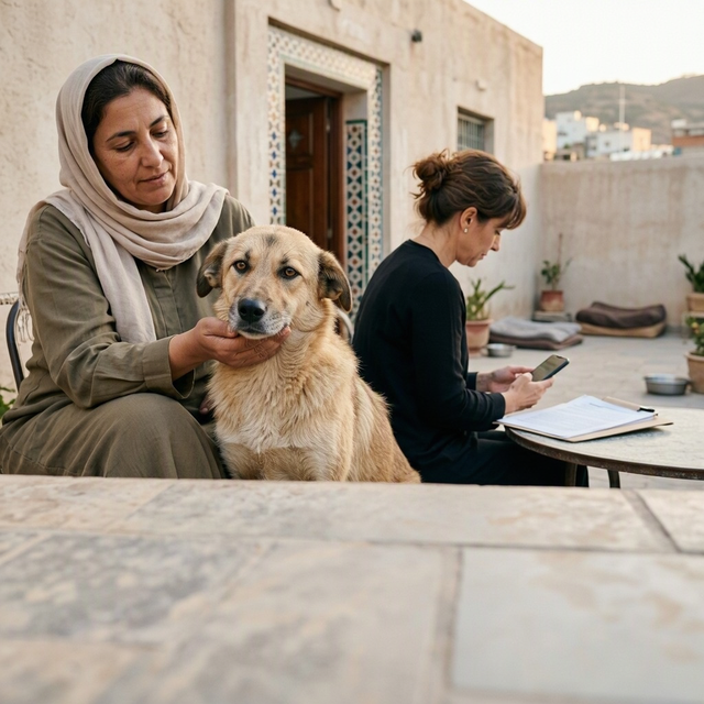 Une femme tient un chien tandis qu’une autre consulte son téléphone dans la cour d’un refuge au Maroc