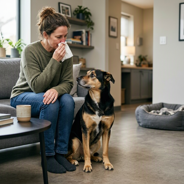 Une femme tient un mouchoir près du nez devant un chien assis dans un salon