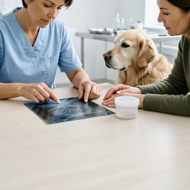 Les mains d’un vétérinaire montrent à une femme la ligne pH urinaire sur l’analyse, près d’un chien et de sacs de croquettes