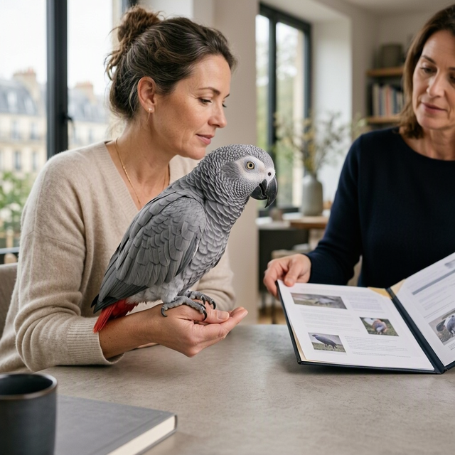 Deux femmes consultent des documents sur une table tandis qu’un perroquet gris est perché sur une main