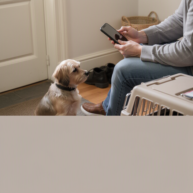 Dans une entrée, un adulte consulte son smartphone près de son chien, d’une carte d’identification et d’un carnet vétérinaire