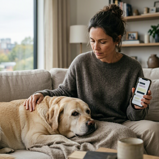 Une femme assise sur un canapé caresse un chien et tient un téléphone près de lui