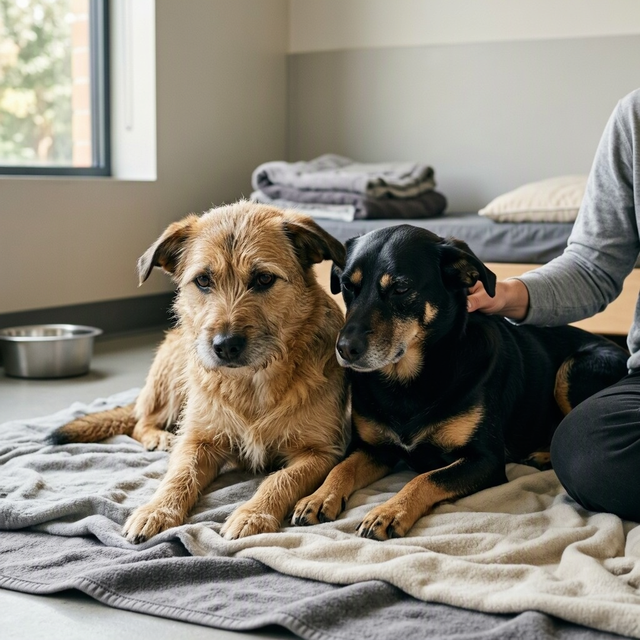 Deux chiens sont couchés sur des couvertures, tandis qu’une personne pose une main sur l’un d’eux