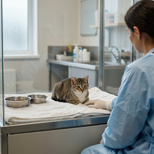 Un chat tigré est couché sur une serviette dans une cage vitrée, face à une soignante en blouse bleue
