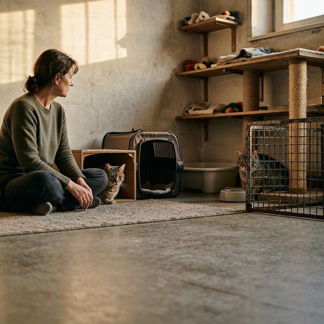 Une femme assise au sol détourne le regard d’un chat adulte dans sa cachette, au refuge, près d’un autre félin