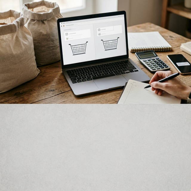 Une main compare au stylo deux paniers d’animaleries en ligne, près de croquettes, d’une calculatrice et d’un smartphone