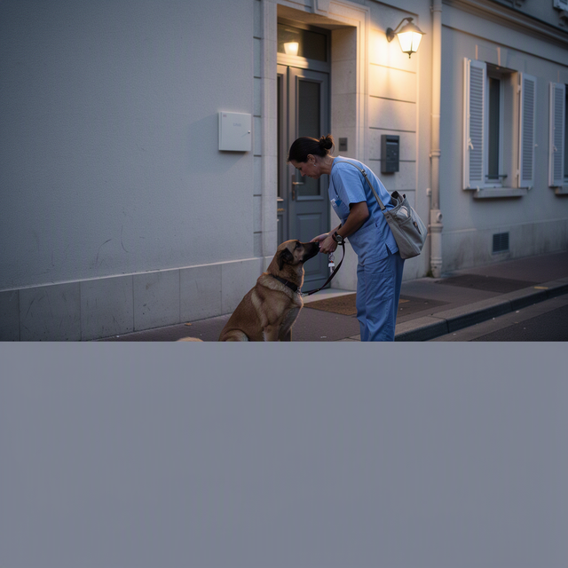 À l’aube devant un immeuble, une femme en tenue de travail attache une laisse à un chien assis