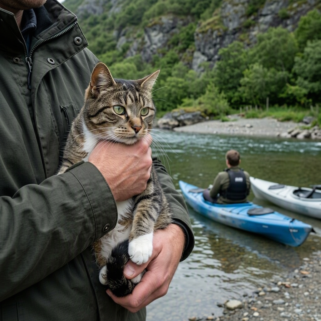 Un homme tient un chat tigré près d’une rivière, tandis qu’un autre homme est assis dans un kayak