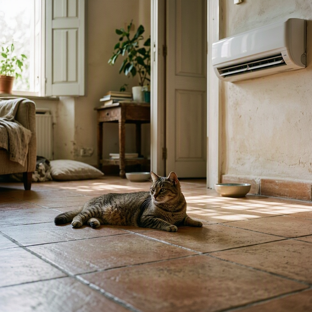 Un chat repose sur le carrelage d’un salon, à distance de la climatisation murale, près de deux bols d’eau